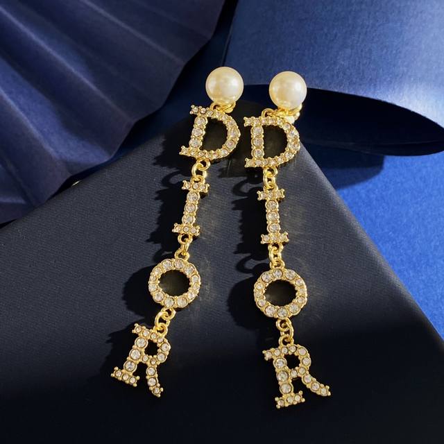 earrings Dior Korean fashion new long strip full diamond Dior letter pearl earri