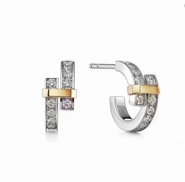 Tiffany earrings, row of diamonds, cross earrings, two-color earrings, simple an