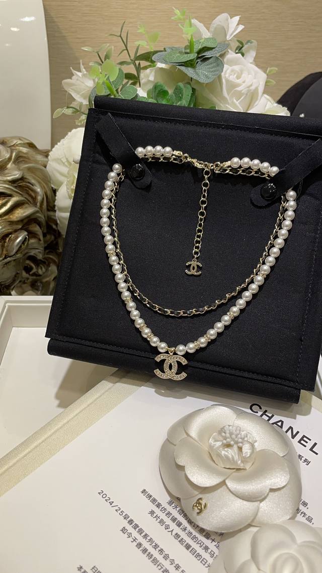 No. Xxl0066 Double-layer necklace New gold diamond double C leather chain pearl