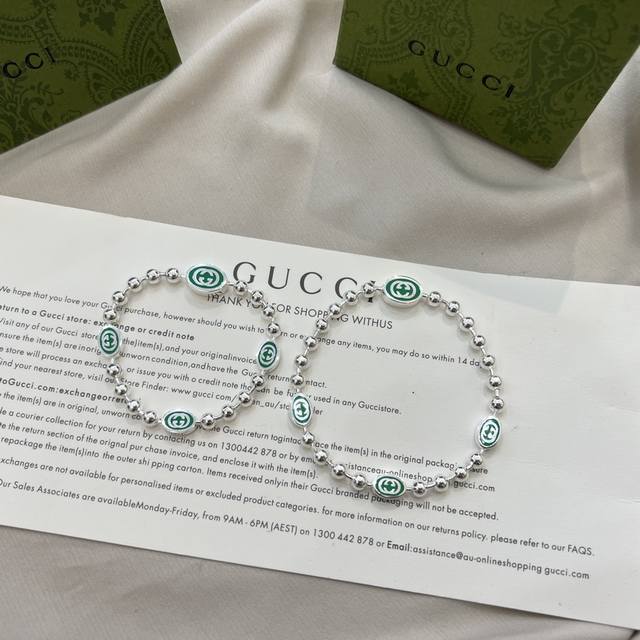 Today's new arrival New Gucci interlocking double G green enamel bead bracelet S