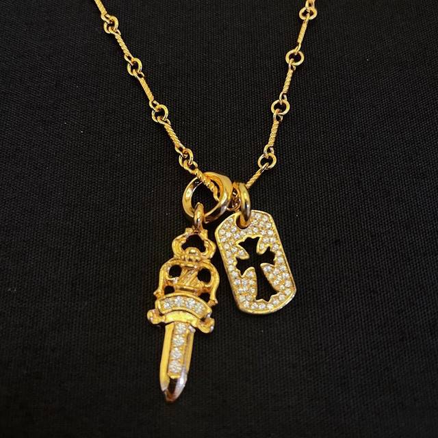 electroplated 18K gold Ch Crowe sword hollow cross necklace inlaid personality m