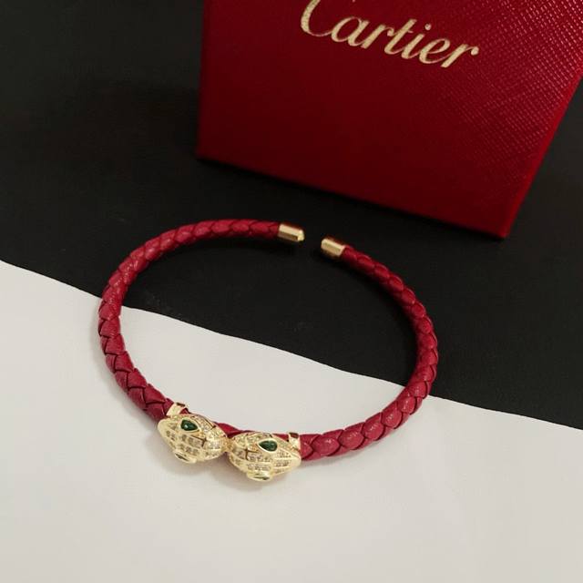 Cartier leopard head leather cord bracelet high-end custom version inlaid diamon