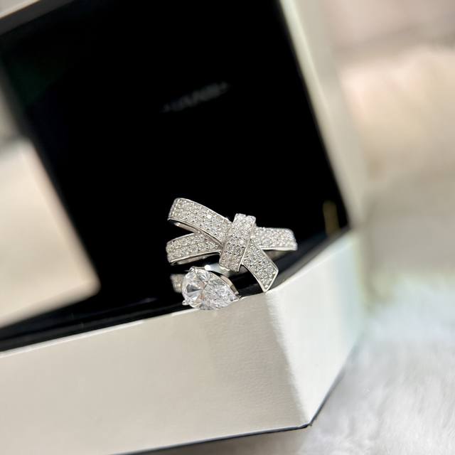 A1083 Chanel style full diamond bow water drop diamond open ring Selected exquis
