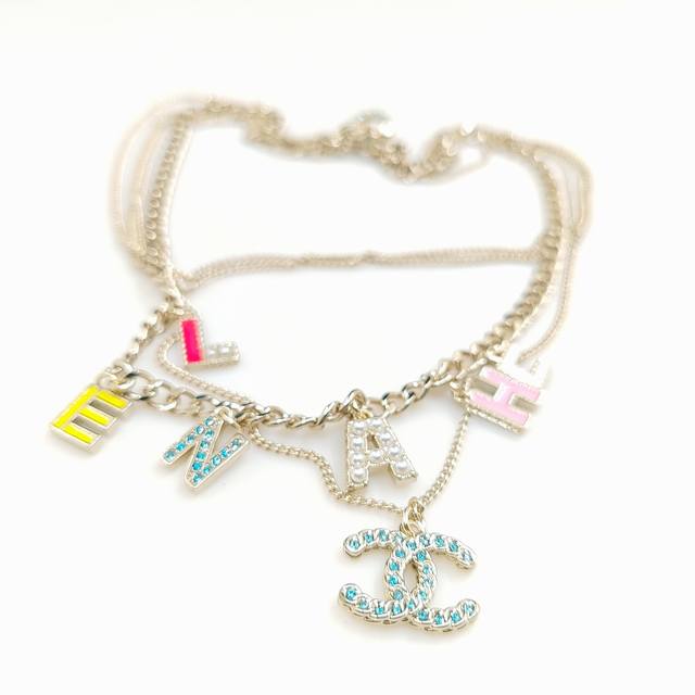 Ch*Nel latest white letter blue Cc multi-layer necklace consistent Zp brass mate