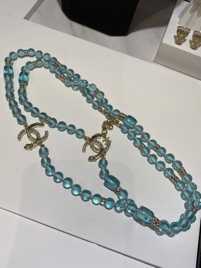 No. Xxl0856 Fragrant blue glass beads double C long sweater necklace A breathtak