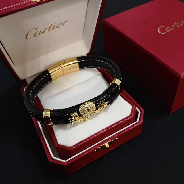 Cartier Golden Dragon Diamond Leather Bracelet Stars and Internet Celebrities, D