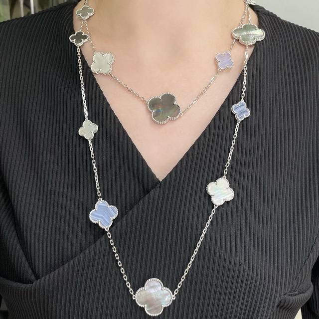 Vca high-grade gray, white and purple 16-flower four-leaf clover necklace. Cleef