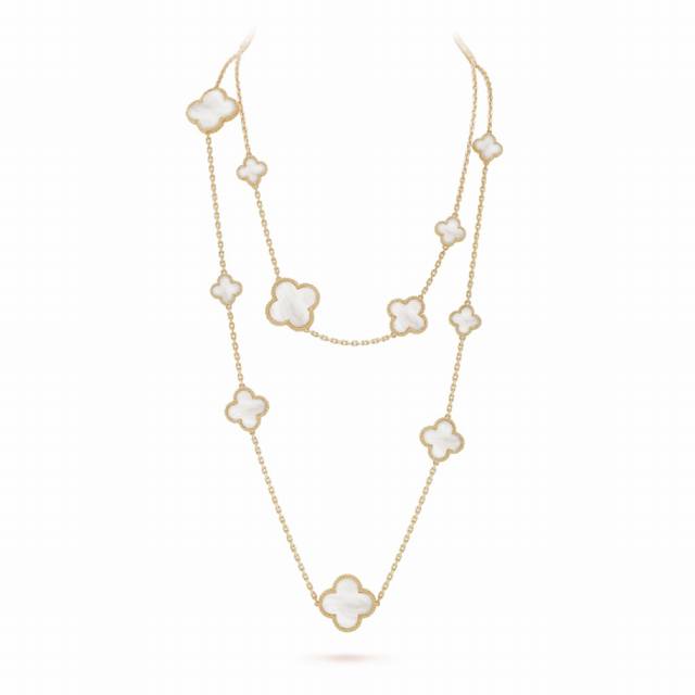 Vca high-grade white mother-of-pearl 16-flower four-leaf clover necklace. Cleef