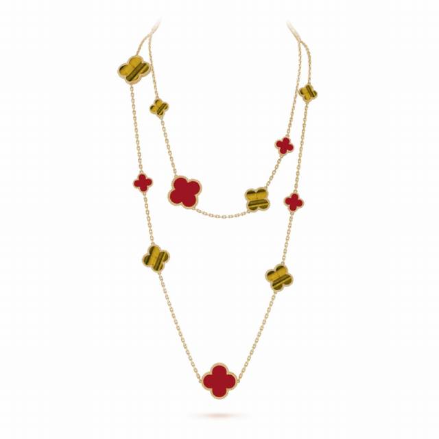 Vca high-grade tiger eye red agate 16-flower four-leaf clover necklace. Cleef &