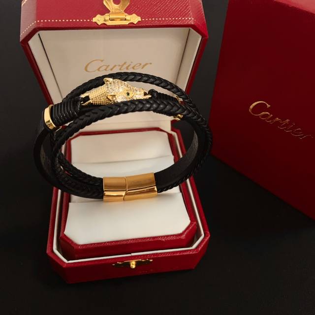 Cartier leopard head diamond bracelet with leather cord. Popular on Douyin and X