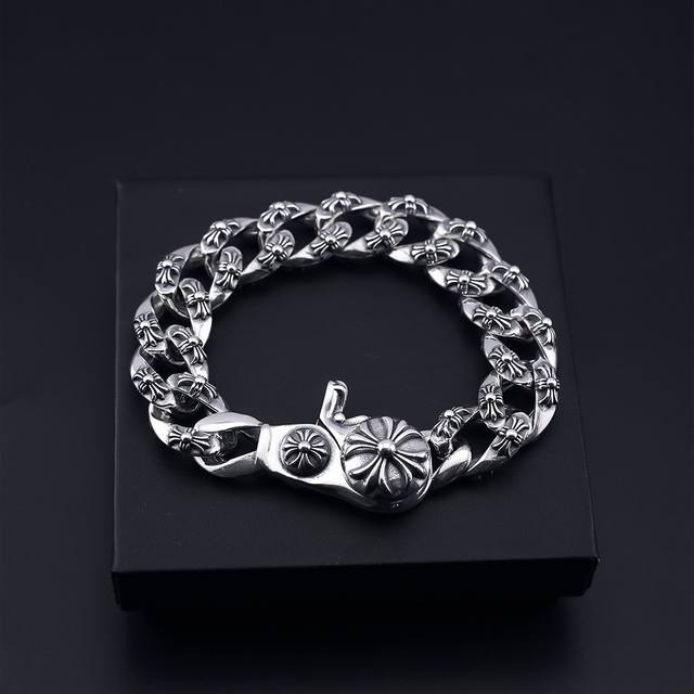 Ch Crotton Thai silver retro thick chain cross flower bracelet domineering trend