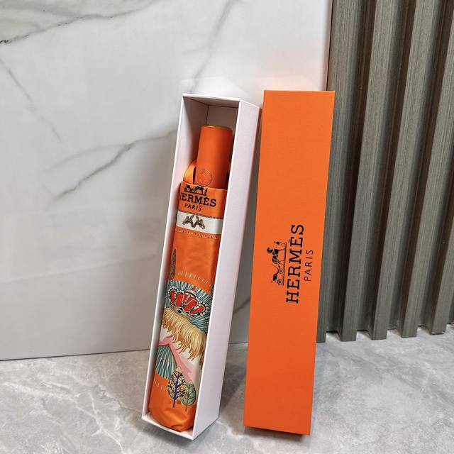 Hermes Hermes Crown Warhorse Summer New Fully Automatic Folding Sun Umbrella Bla