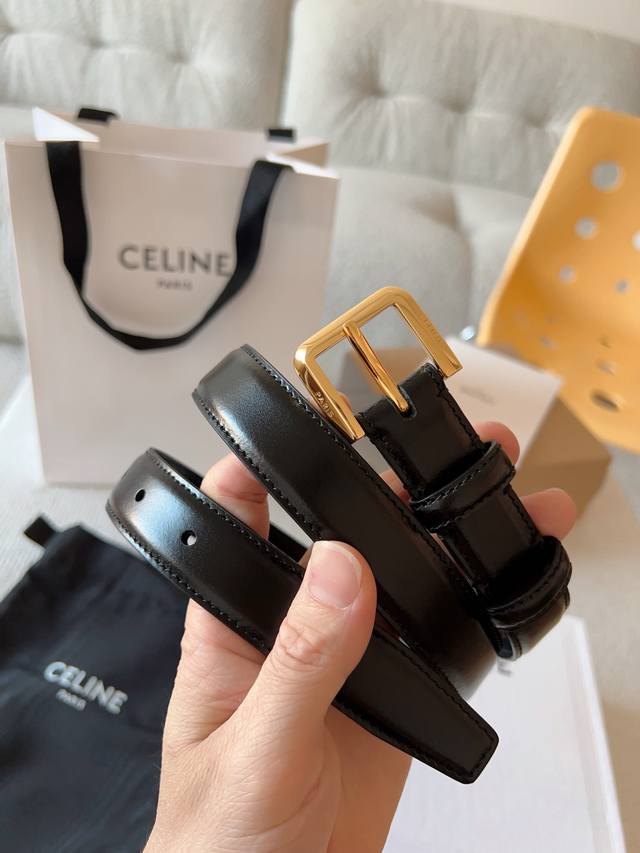 Celine Elegant Charm Taurillon leather belt. Unique design: polished metal bout