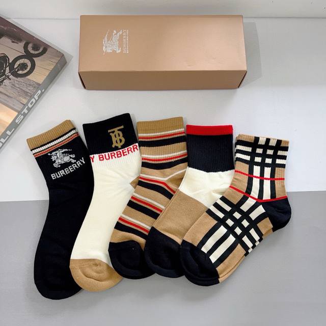 comes with packaging 5 pairs per box Burberry classic letter logo mid-tube sock