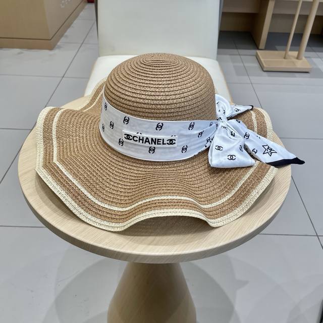 Chanel Chanel ribbon straw hat, wavy brim sun hat, head circumference 57Cm DDD