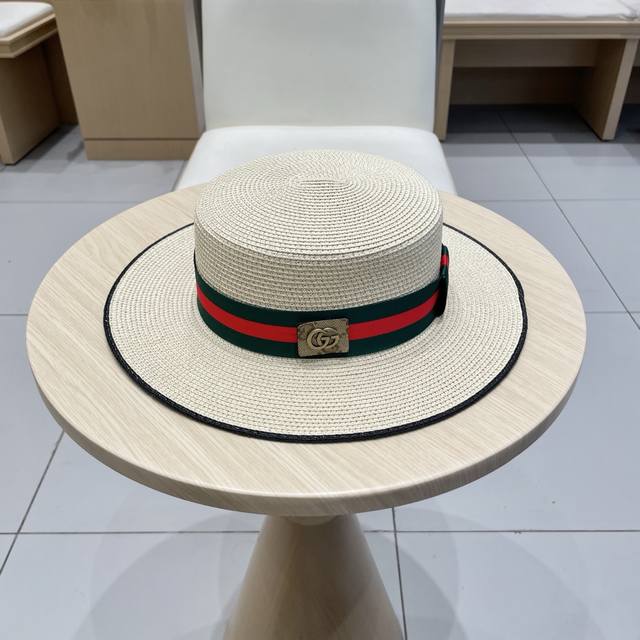 Gucci Gucci straw beach hat, flat top straw hat, head circumference 57Cm DDD