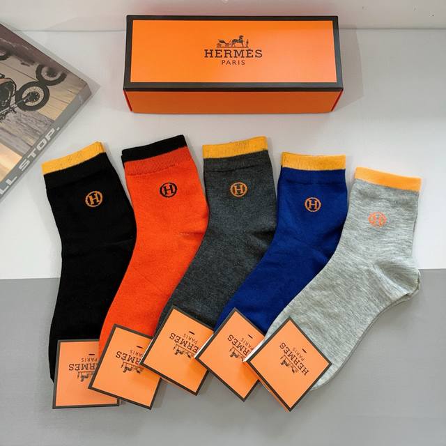 comes with packaging, 5 pairs per box, Hermes high version men's mid-length soc