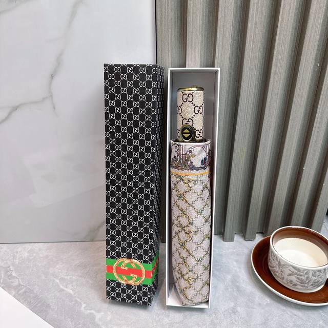 Gucci 2025 summer new fully automatic folding umbrella Black coating sunscreen e