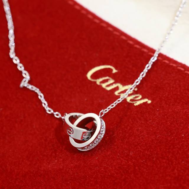Cnc version Cartier double ring micro-set half diamond necklace, two linked, ins