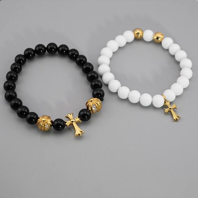Ch Cro 24K gold cross natural obsidian white shell bracelet fashionable couple h