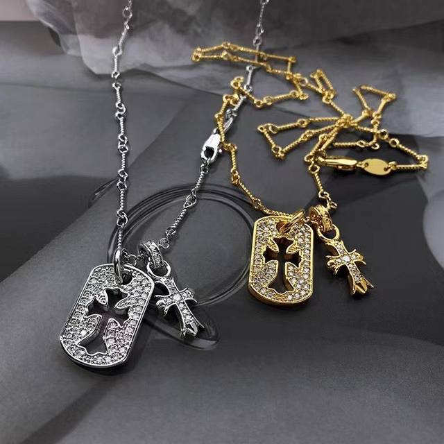 High version Ch Croc gold-plated diamond square cross necklace for women all-ma