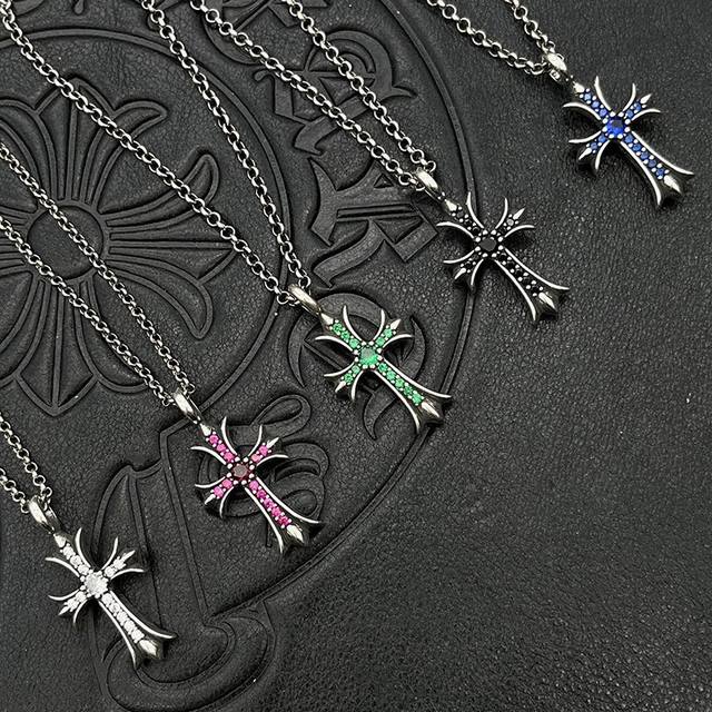 Ch trendy brand Croc retro diamond cross necklace for men and women, niche color