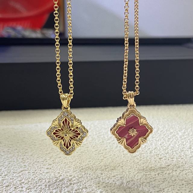 Buccellati necklace new product new pattern pink diamond retro four-petal flowe