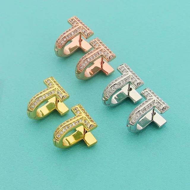 T's popular Tiff earrings T1 series half-paved diamond easy-to-buckle earrings l