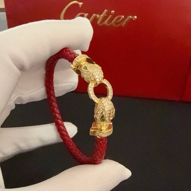 Cartier leopard diamond bracelet with leather cord, high-end custom version, dia