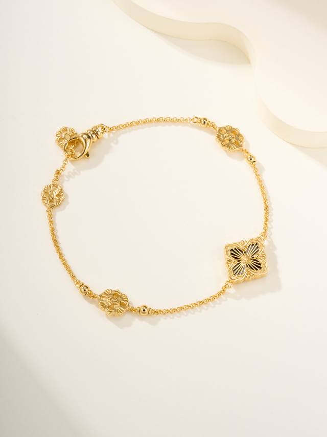 Gold color Buccellati Black Agate Single Flower 3 Pattern Bracelet Small Model R