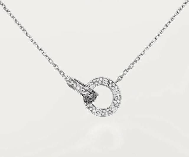 Cnc version Cartier double ring micro-diamond necklace, two linked, inseparable,