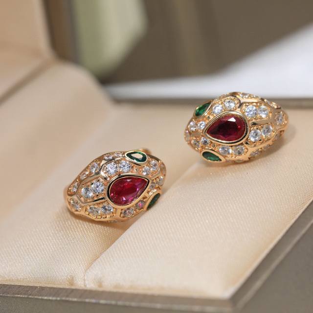 Snake earrings S925 sterling silver with logo Red snake earrings Bulgari Serpent