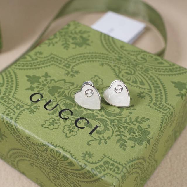 925 sterling silver Gucci interlocking heart white enamel earrings Heart series,