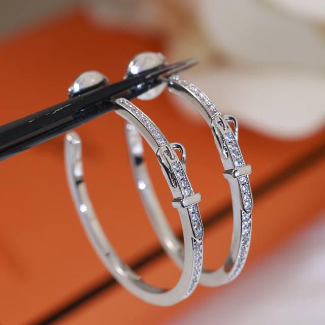 Seiko version Hermes belt buckle full diamond earrings, sterling silver earring