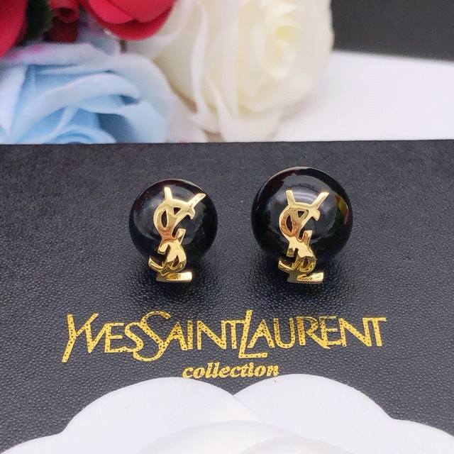 No.Yed0020Black Yves Saint Laurent SYL large and small pearl earrings Retro styl