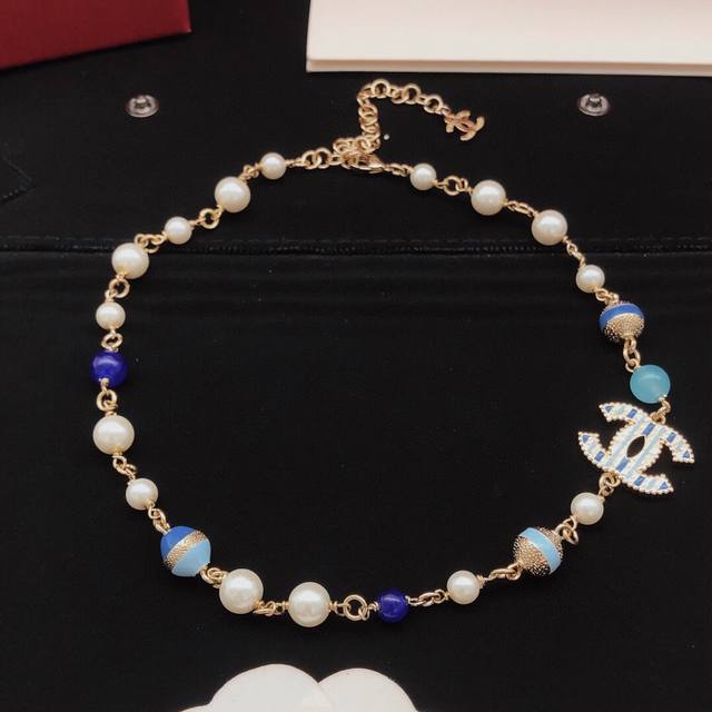 No. Xxl0319 Ch*Nel latest gold chain blue pearl necklace consistent Zp brass ma