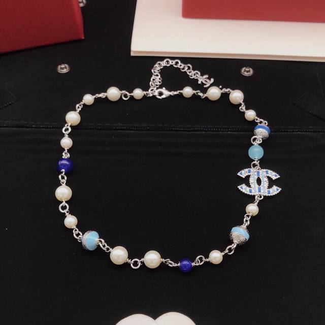 No. Xxl0318 Ch*Nel latest silver chain blue pearl necklace consistent Zp brass