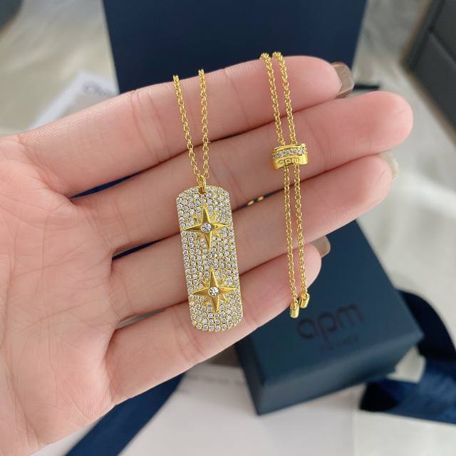 Apm Gold diamond star necklace for women double shooting star square pendant cla