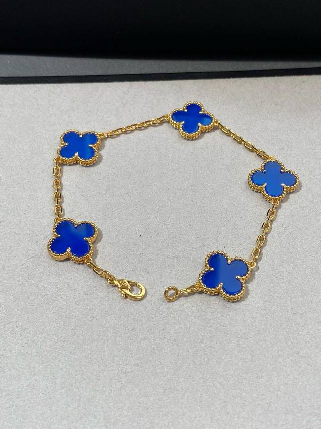 V gold material Vca gold blue chalcedony four-leaf clover five-flower bracelet D