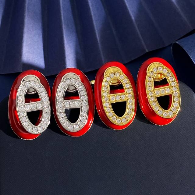 Am92 Hermes temperament retro red enamel dripping pig nose shape with diamonds o