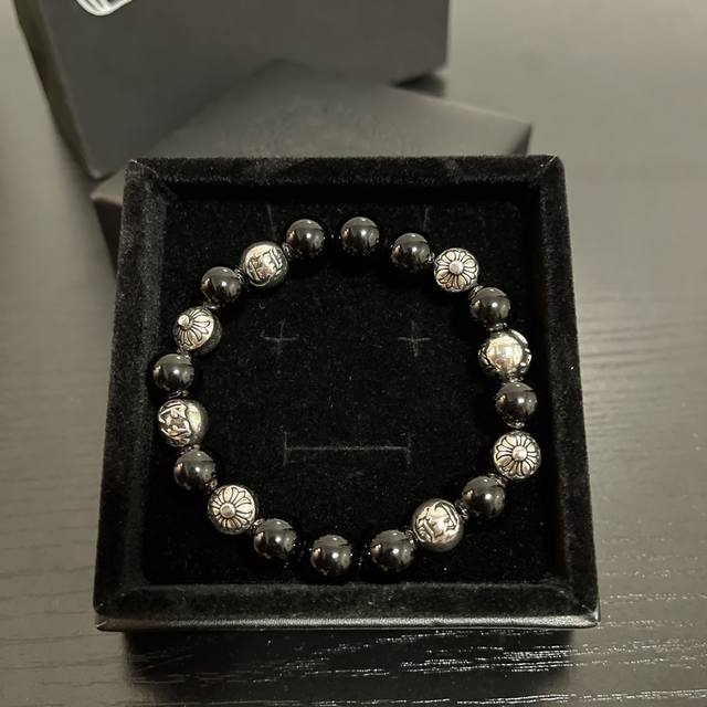 Chrome Heart 8mm Obsidian Four Silver Beads Bracelet 925 silver Chrome Heart is