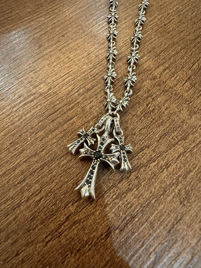 Chrome Hearts Three Cross Babyfat Black Diamond Cross Flower Chain DDD