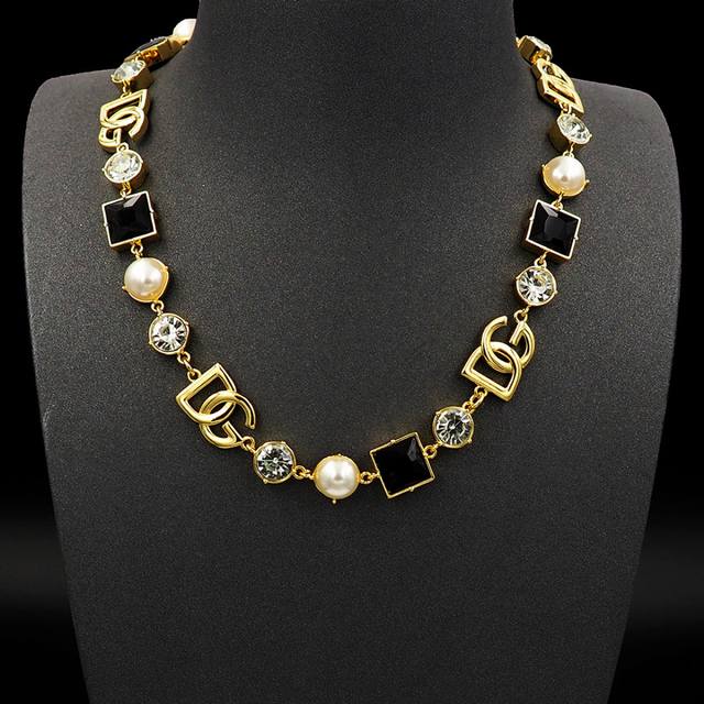 Dolce & Gabbana D&G letter black and white diamond pearl necklace DDD