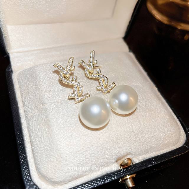 batch Ysl Saint Laurent crystal diamond letter pearl earrings original brass mat