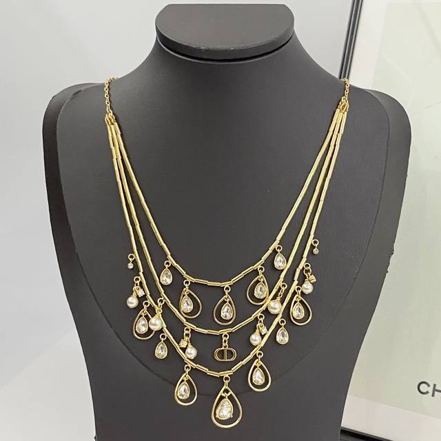 Dior necklace hot-selling new models Dior hollow water drop diamond pearl multi-