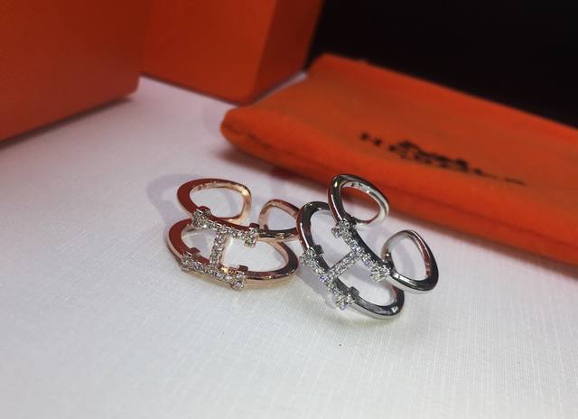 Hermes Hermes H ring fashion sub-gold micro-inlaid diamonds fresh ring open desi