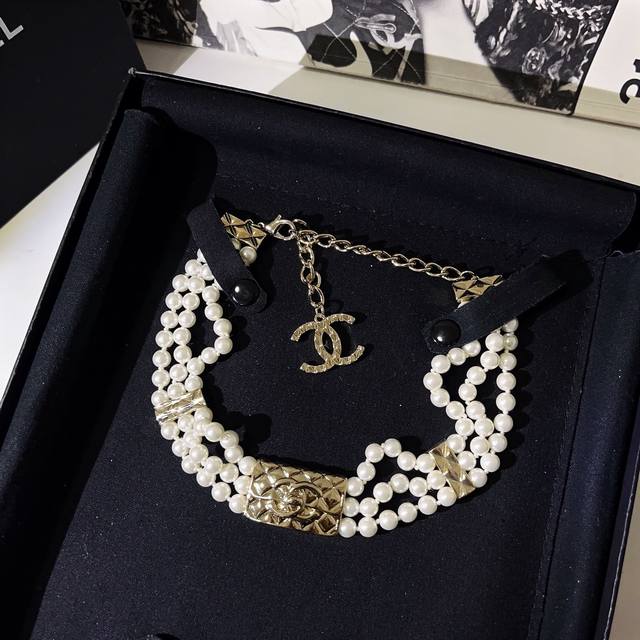 Cf Gold three-layer bag pearl necklace Three-layer pearl necklace Choker Vintage