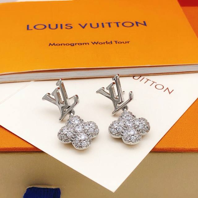 Lv letter full diamond earrings original brass 925 sterling silver needle real s