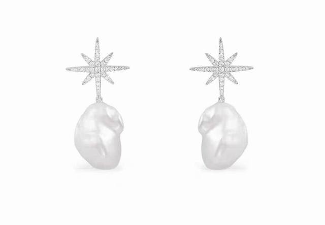 Apm Six-pointed star silver earrings Baroque pearls fashion trend elegant earrin