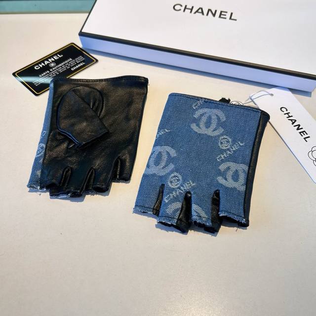Chanel new short denim and sheepskin gloves, fashionable motorcycle gloves, new